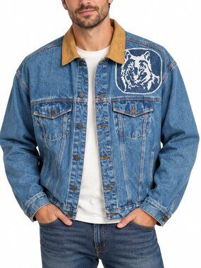 CANADA SPORTSWEAR Vintage Trucker Denim Jacket Blue XL Leather Collar Wolf Patch